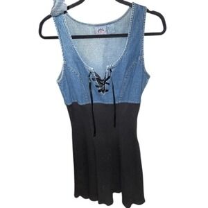 Vintage Jalate Denim Wear Lace Up Mixed Media Mini Dress Blue Black Womens 7